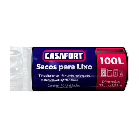 Saco para Lixo Casafort 100 Litros - Rolo com 10 Unidades - Preto