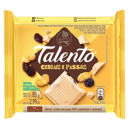 Chocolate Talento Garoto 85g - Branco - Cereais