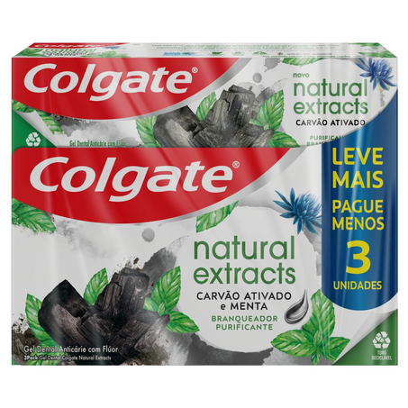 Gel Dental Colgate 90g - Natural Extracts - Carvão - Com 3 Géis