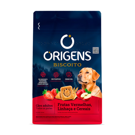 Biscoito Origens para Cães Adultos de Porte Médio e Grande Sabor Frutas Vermelhas, Linhaça e Cereais 400g