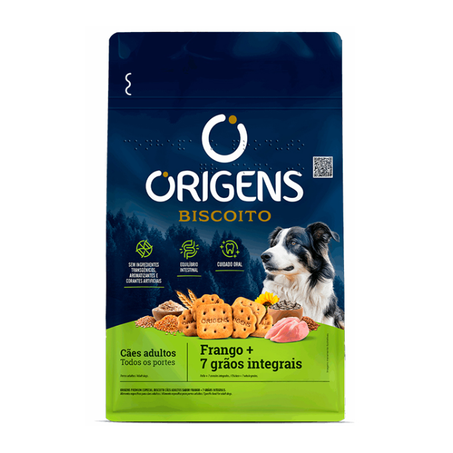 Biscoito Origens para Cães Adultos Sabor Frango e 7 Grãos Integrais 400g