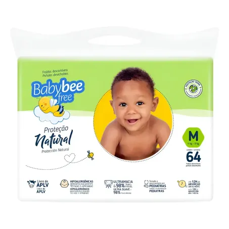 Fralda Baby Bee Free Tamanho M Proteção Natural Com 64 Unidades