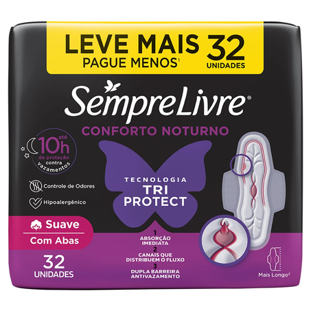 Absorvente Sempre Livre Adapt Plus - Noite e Dia - Suave - Com Abas - Com 32 Absorventes
