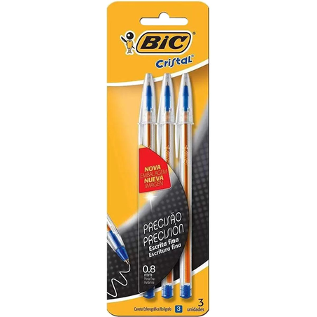 Caneta Bic Cristal - Precisão - Escrita Fina - Com 3 Canetas