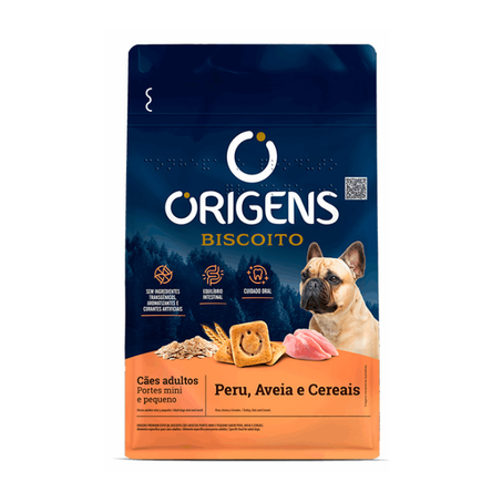 Biscoito Origens para Cães Adultos de Porte Mini e Pequeno Sabor Peru, Aveia e Cereais 400g