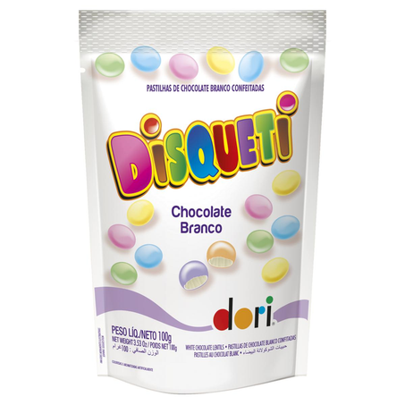 Confeito Disqueti Dori 100g - Chocolate Branco - Pouch