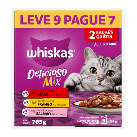 Ração Úmida Whiskas Carne Frango e Salmão Sachê 85g Leve 9 Pague 7