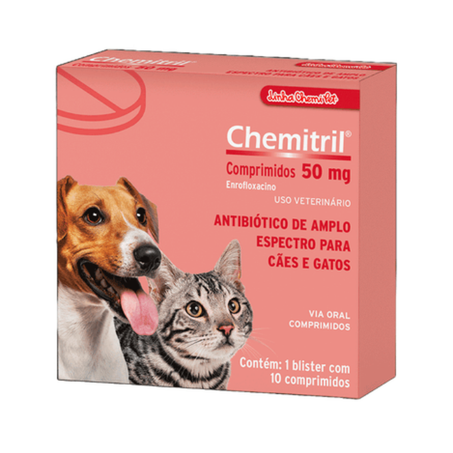 Antibiótico Chemitril 50mg para Cães e Gatos 10 comprimidos