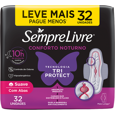 Absorvente higiênico noturno C/ABAS SUAVE sempre livre leve mais pague menos pacote c/32unid