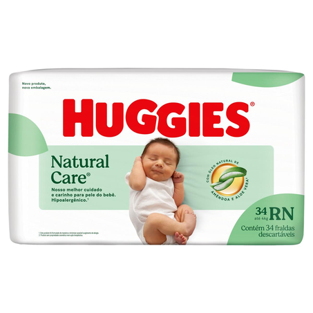 Fralda Huggies Natural Care Mega Tam. RN - Com 34 Fraldas