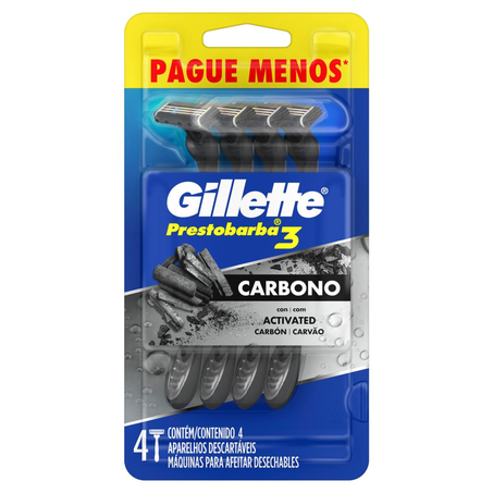 Aparelho de Barbear Prestobarba 3 Gillette Carbono - Com 4 Unidades
