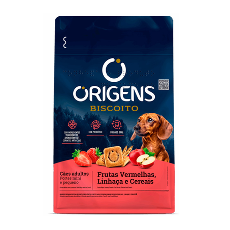 Biscoito Origens para Cães Adultos de Porte Mini e Pequeno Sabor Frutas Vermelhas, Linhaça e Cereais 400g