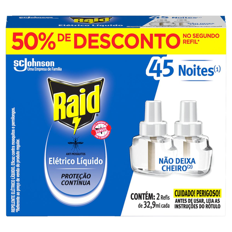 Conjunto Raid 32,9ml - Com 2 Inseticidas 45 Noites - Refil - Com 50% de Desconto no 2º Refil