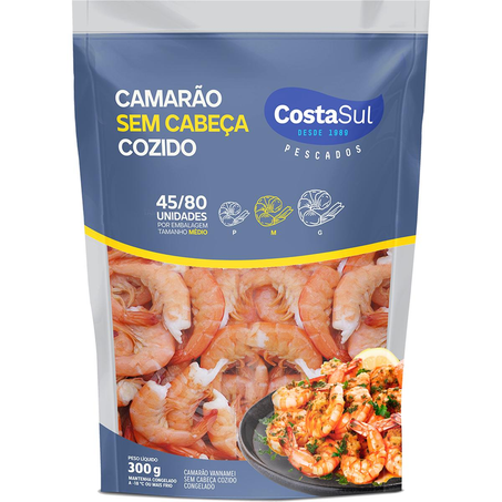 Camarão Costa Sul 300g - Vannamei Inteira - Cozido