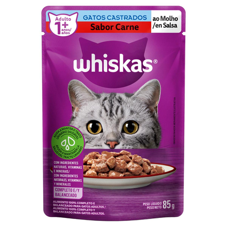 Ração Whiskas 85g - Gatos Castrados - Carne - Sachê