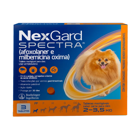 NexGard Spectra Antipulgas e Vermífugo Cães 2kg a 3,5kg 3 tabletes