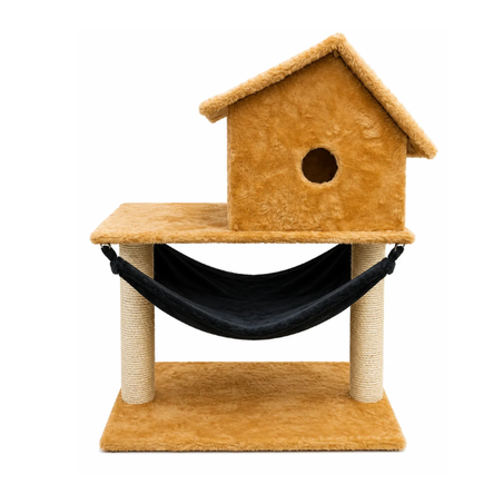 Arranhador Casa Gato Bangalo Rede Caramelo e Preto