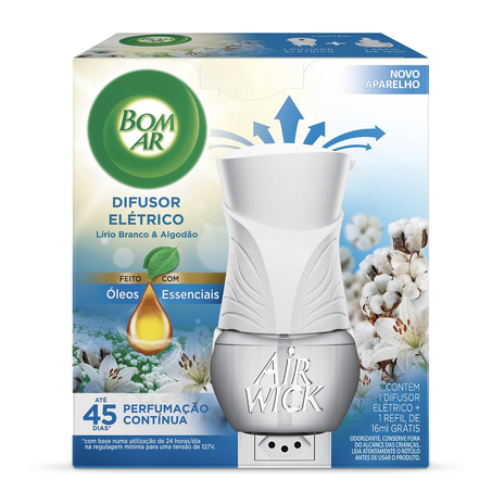 Purificador de Ar Elétrico Bom Ar 16ml - Lírio Branco e Algodão - Grátis Refil