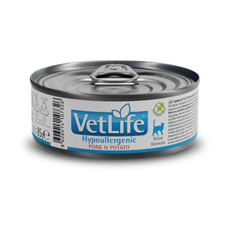 Lata Ração Úmida Farmina Vet Life Hypoallergenic Porco e Batata para Gatos Adultos 85g