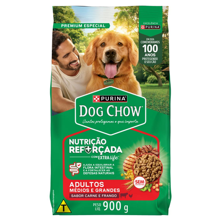 Ração Dog Chow 900g - Nutrição Reforçada - Raças Médias e Grandes - Carne e Frango