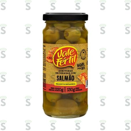  Azeitonas Em Conserva Vale Fértil Recheadas Com Salmão Pote de Vidro 130gr