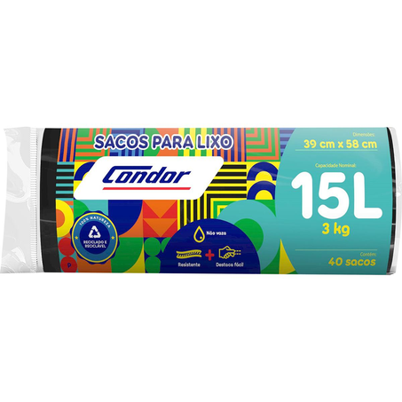 Saco para Lixo Condor 15 Litros - Com 40 Sacos - Preto