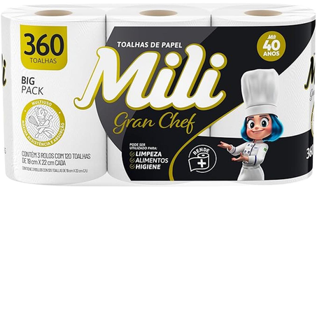 Toalha de Papel Mili Gran Chef - Com 3 Rolos de 120 Folhas cada
