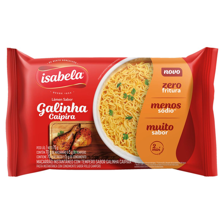 Massa Instantânea Isabela 75g - Zero Fritura - Galinha Caipira
