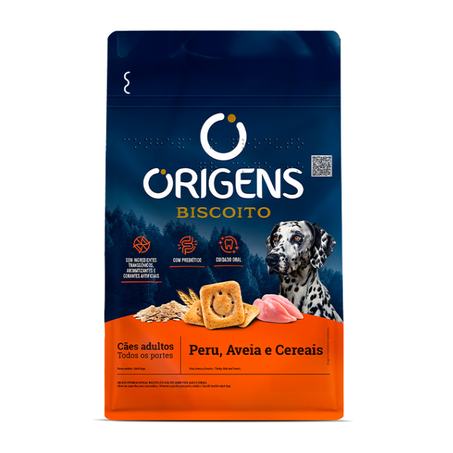 Biscoito Origens para Cães Adultos de Porte Médio e Grande Sabor Peru, Aveia e Cereais 400g