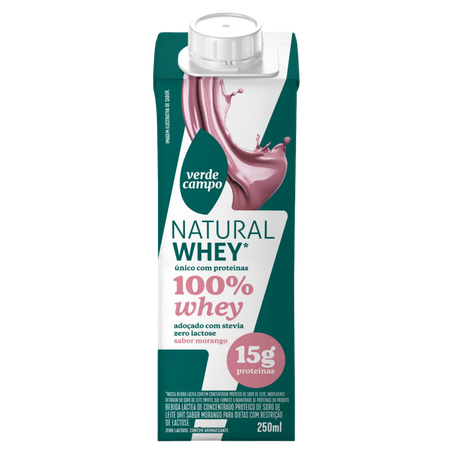 Bebida Láctea Verde Campo 15g Proteínas Zero Lactose Morango 100% Whey Caixa 250ml 
 