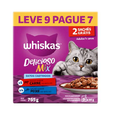 Ração Úmida Whiskas Carne e Peixe Sachê 85g Leve 9 Pague 7