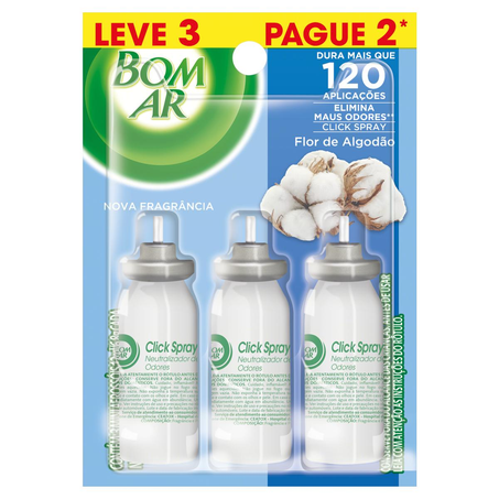 Purificador de Ar Bom Ar Click Spray - Cheiro de Limpeza - Refil - Leve 3, Pague 2 Refis