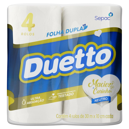 Papel Higiênico Duetto 30m - Folha Dupla - Neutro - Com 4 Rolos