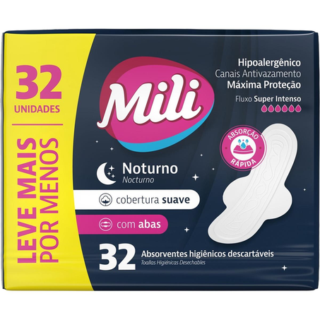 Absorvente Mili Noturno - Suave - Com Abas - Com 32 Absorventes