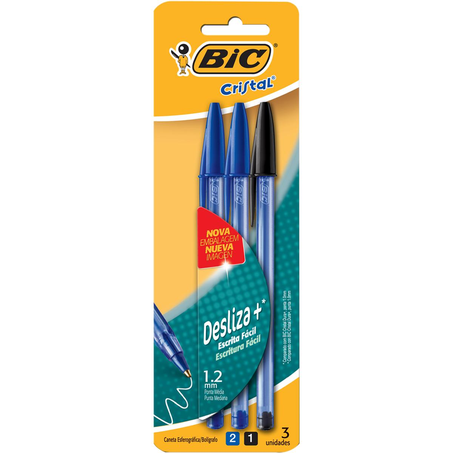 Caneta Bic Cristal - Desliza+ - Azul e Preta - Com 3 Canetas - Ref. 878655