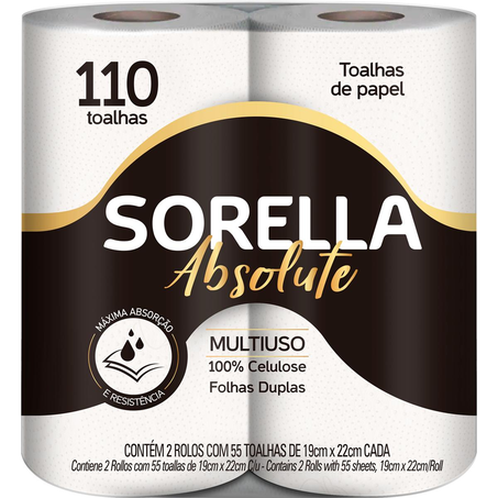 Toalha de Papel Sorella Absolute 110 Folhas - Com 2 Rolos de 55 Folhas cada