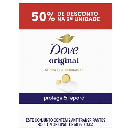 KIT DESODORANTE DOVE ROLL-ON ORIGINAL COM 2 UNIDADES DE 50ML 50% DESCONTO