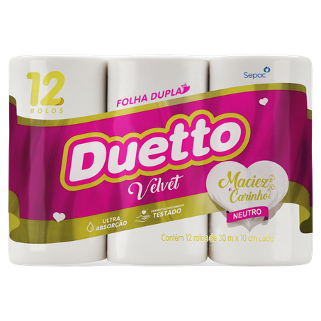 PAPEL HIGIÊNICO DUETTO VELVET 30M 12 UNIDADES