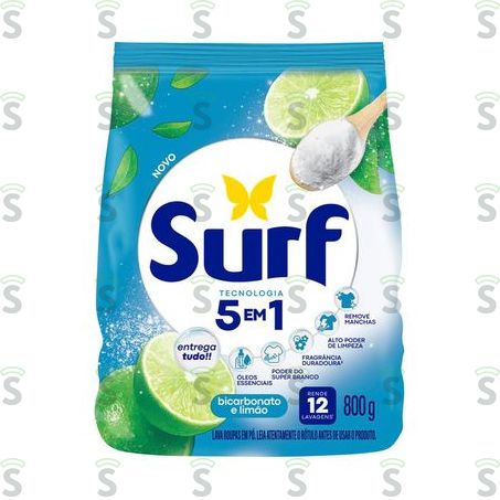  Lava-roupas Pó Limão e Bicarbonato Surf Pacote 800g