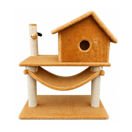Arranhador Casa Gato Bangalo com Rede e Poste Caramelo