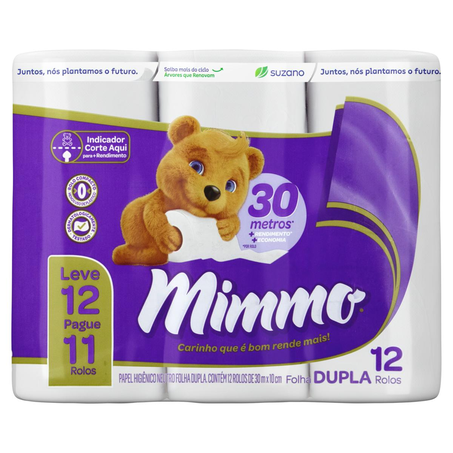 Papel Higiênico Mimmo 30m - Folha Dupla - Leve 12, Pague 11 Rolos