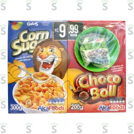  Cereal Matinal Alcafoods Corn Sugar Pacote 300g + Cereal Choco Ball 200g Grátis Tigela