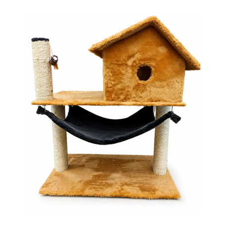 Arranhador Casa gato Bangalo Rede Poste Caramelo e Preto