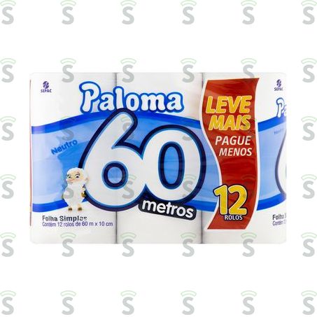  Papel Higiênico Paloma Folha Simples Pacote 12 Rolos 60m x 10cm