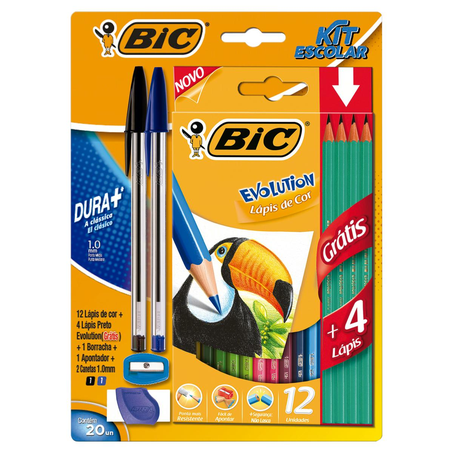 Kit Escolar Bic Cristal - Dura Mais - Com 16 Peças + 4 Lápis Grátis - Ref. 970942