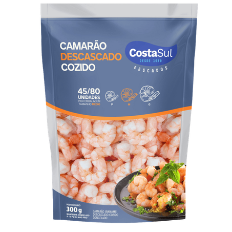CAMARÃO VANNAMEI DESCASCADO COZIDO MÉDIO COSTA SUL PACOTE  45/80 300G