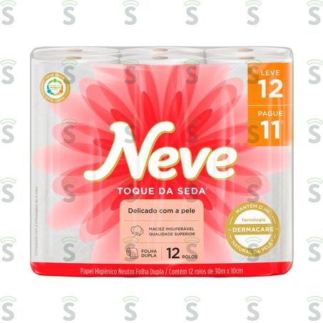  Papel Higiênico Folha Dupla Neutro Neve Toque da Seda Pacote Leve 12 Pague 11 Unidades 30m