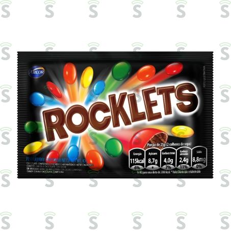  Confeitos Rocklets Chocolate Embalagem 40g