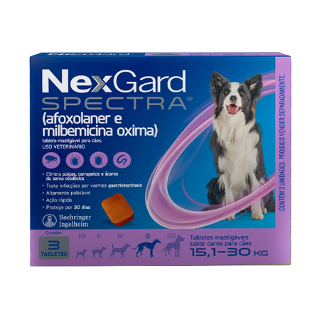 NexGard Spectra Antipulgas e Vermífugo Cães 15,1kg a 30kg 3 tabletes