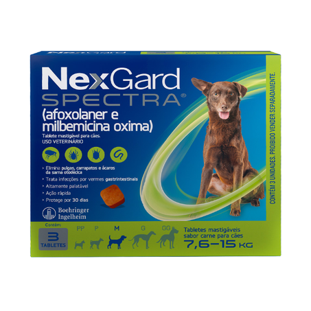 NexGard Spectra Antipulgas e Vermífugo Cães 7,6kg a 15kg 3 tabletes